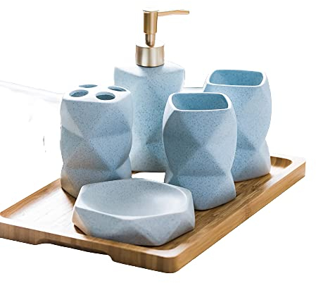 Tauzveok Badezimmer-Accessoires-Set, Badezimmer-Sets in gefrosteter Optik für Arbeitsplatte, Toilette, Wohnung, modernes Dekorationsmaterial, Geschenk für Frauen und Männer,Blau,6pcs