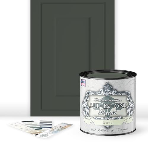 Heirloom Traditions ALL-IN-ONE Paint, Envy (slate green), Quart - Durable cabinet and furniture paint. Built in primer and top coat, no sanding needed. Includes our 30 featured color card.