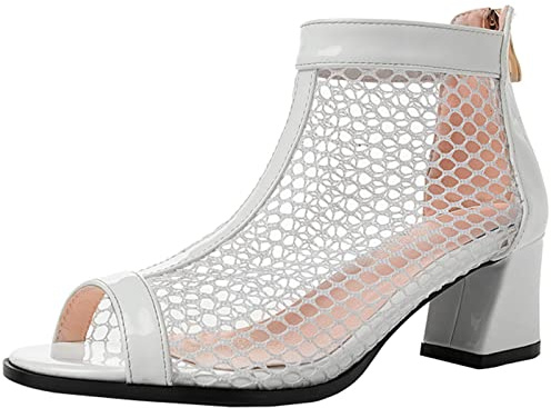 CUTEHEELS Botines de verano para mujer Coolee de malla con punta abierta y tacones de bloque y cremalleras traseras, Blanco, 40 EU