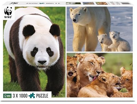 Ambassador 7230028 Säugetiere, 3x1000 Teile Puzzle Set für Erwachsene und Kinder ab 10 Jahren, WWF Tierpuzzle, Löwe, Panda, Eisbär