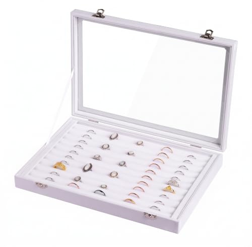 Frebeauty Organizer für Ringe/Ohrringe mit transparentem Deckel, 10 Fächer, Samt-Schubladeneinsatz, Schmuck-Aufbewahrungsbox, transparenter Glasdeckel, Schmuckvitrine, Geschenk für Mädchen und