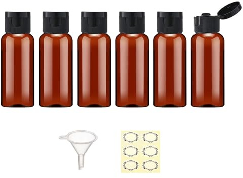 Apstaqeoo 6PCS 50ML Plastic Travel Bottles with Flip Cap Empty Squeeze Bottles Refillable Travel Container with 1 Funnel & 6 Labels TSA Approved for Liquids Lotion Toiletries Cosmetic (Brown)