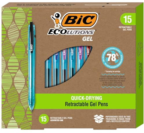 BIC Ecolutions Gelschreiber, einziehbar, mittlere Spitze, 1,0 mm, verschiedene Tinte, 15 Stück