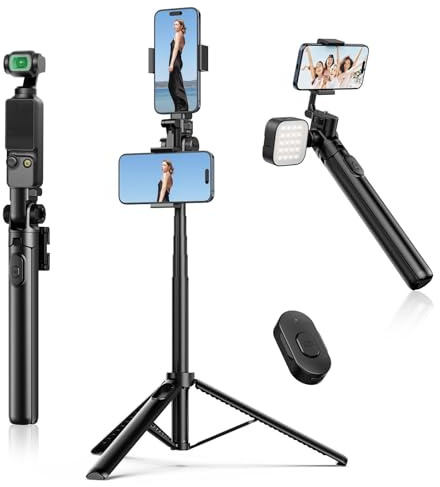 ULANZI MT-70 Extendable Tripod, 63 Selfie Stick Vlog Tripod Stand with 2 Phone Clips as Teleprompter, 360° Rotate Camera Holder for iPhone, Sony, Canon, DJI Osmo Nano, Lightweight for Travel, Black