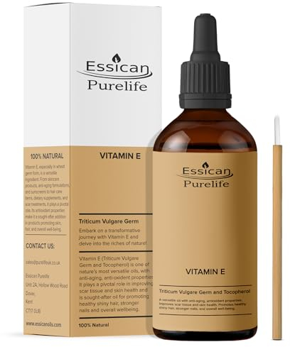 Essican Purelife Pure Vitamin E Oil for Skin, 100ml Natural VIT E Oil for Skin, Hair & Face, Antioxidant Rich, Carrier Oils for Essential Oils Mixing, Supports Hair Growth, Nails & Cuticles