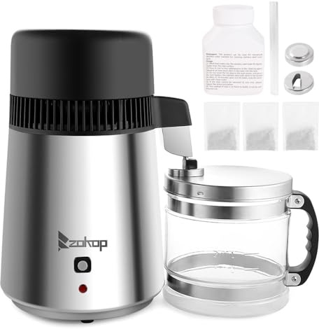 Water Distiller 4L, 750W Water Purifier Distilled Water Machine with Stainless Steel Interior - Countertop Distilled Water Filter Machine & Container Glass, Ideal for Humidifier Home Use - Silver