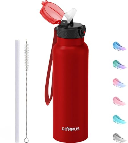 GOPPUS Borraccia termica in acciaio inox da 750 ml/26 once con cannuccia, bottiglia termica a doppia parete con cinghia, riutilizzabile, a tenuta stagna, mantiene le bevande fredde, con coperchio a