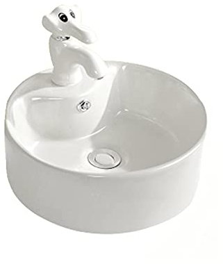 Lavabo da appoggio Lavandino del bagno in ceramica rotondo carino con set di lavello di rubinetto a forma di animale (colori multipli tra cui scegliere) Ideale per i piani d'appoggio(Bianco)