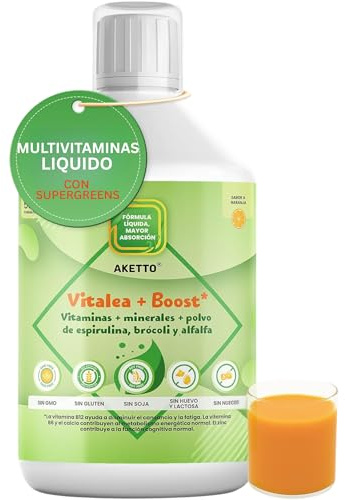 Multivitaminico Liquido Con Supergreens Polvo de Espirulina Brocoli y Alfalfa Para Energia Inmunidad Concentracion Vitaminas B12 C D3 B6 B1 E Zinc Magnesio Natural Mujer Hombre 500ml Sabor Naranja