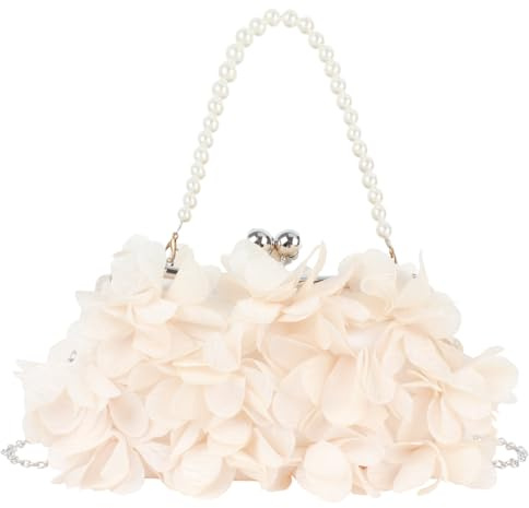 Pandalein Damen Blumen Clutch Seide Abendtasche Brauttasche Kleidertasche Handtasche mit Perlen Henkel Kette für Hochzeit Wedding Prom Party