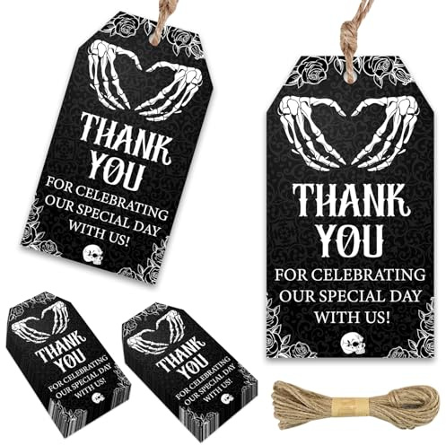50 Stück Gothic-Themen-Dankeschön-Tags, Gothic-Geburtstagsparty-Dekorationen, Skelett-Herz, Dankeschön, Geschenkanhänger, Death to My Twenties, Partygeschenke für Frauen, Gothic-Stil, 30. 40.
