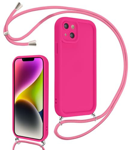 Coalbooliy Cover per iPhone 14 6,1 con Cordino per Cellulare, Custodia Silicone con Regolabile Collana Sottile Morbida Case Protezione della fotocamera Antiurto con Necklace, Rosa Rossa