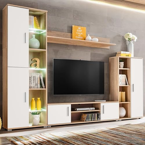 Xichuzi TV-Wohnwand mit Leuchten, Wohnwand Wohnzimmer, Wohnzimmer Möbel, Wohnzimmerschrank, Wohnzimmerwand, Anbauwand, Sonoma Eiche und Weiß