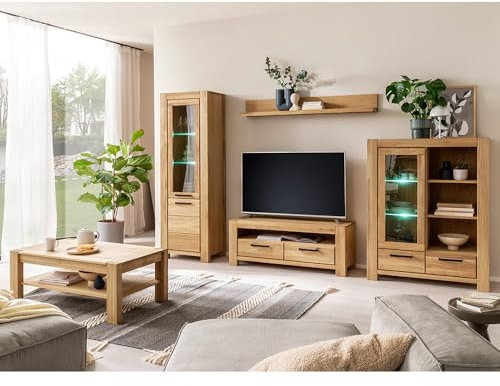 Lomadox Wohnwand Wohnmöbel Set Eiche teilmassiv geölt 5-teilig, 1 Vitrine, 1 Wandboard, 1 Lowboard, 1 Highboard, 1 Couchtisch | Echtholz/Massivholz/Furnier