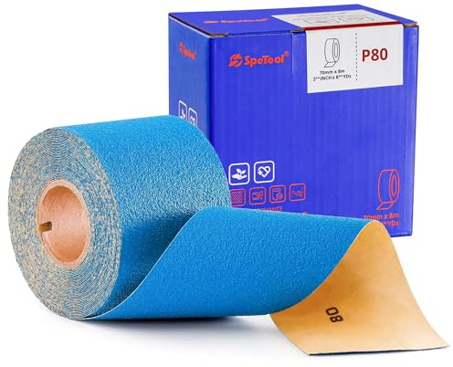 SpeTool Rollo de papel de lija PSA de grano 80, 2-3/4 pulgadas de ancho, 8-1/2 yardas de largo, hoja de lija autoadhesiva de óxido de aluminio, opciones para bloques de lijado a mano, carpintería,