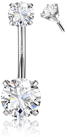 Morfetto Navelpiercing guld kirurgiskt stål för kvinnor – äkta titan navelpiercing silver 925 rund zirkonia navelring 14 g allergivänlig navelpiercing lång 6/8/10/12 mm stavlängd, 12mm, Rostfritt stål