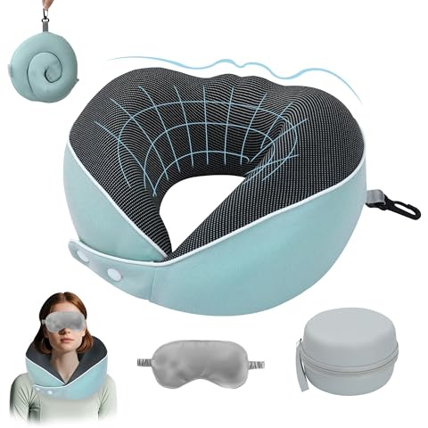 Chumix Flygplansnackkudde, Justerbar Nackkudde i Memory Foam, Hopfällbar Nackkudde med 3D-sömnmask och EVA-Förvaringslåda, Nackkudde med Krok för Enkel Resa, Lämplig för Flygpla (Blå)