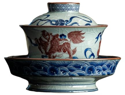 Juego de té Kung Fu estilo chino azul y blanco con tres cubiertas, bestia auspiciosa qilin