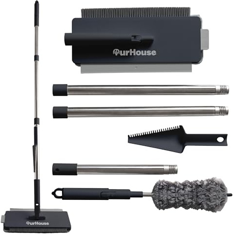 5-in-1 Flat Mop with Microfiber Head, Brush & Squeegee, Telescopic Duster, Scraper & Cleaning Tool – 360° Rotating Head – Wet & Dry Use – For All Hard Floors – Easy Storage – OurHouse