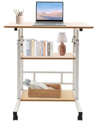 QUIOTUIR Escritorio Sentado de Pie 3 3 Niveles Altura Ajustable con 4 Ruedas de Cardán Frenos Oficinas y Estaciones de Trabajo para Sala de Estar, Oficina en Casa, Dormitorio, 60x40x60-90cm