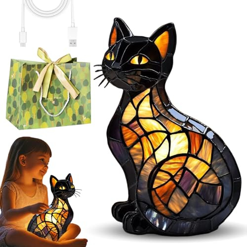 Ruileyou Katzen Lampe, Katzenlampe Mosaik, Nachtlicht Katze, Leuchtende Katze, Nachttischlampe FüR Vintage Deko, Geschenk FüR Katzenliebhaber (Cat-B)