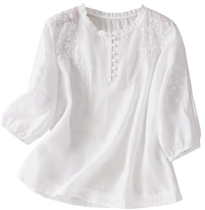 Uwdiohq Camisas Manga Corta con Botones Lino y algodón para Mujer, Blusa Bordada con Cuello, Informal, Estilo Bohemio, para Verano Camiseta Lencera Mujer (White, XXL)