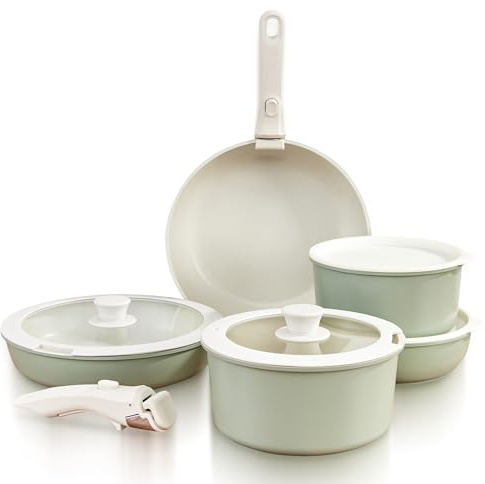 GOURMETIFIC® Pots and Pans Cookware Set [11 PIECES] - Non Toxic Ceramic Coated Cooking Ware - Induction, Gas & Oven Kitchenware - Non Stick Pot & Pan with Removable Handles & Stackable (Mint Green)