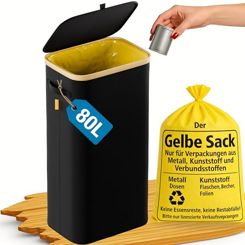Gelber Sack Ständer 80L – Müllsackständer für Gelbe Säcke 62×90 cm – stabiler Gelber Sack Halter mit fixierendem Metallring – Rückseiten-Reißverschluss – faltbarer Müllsackhalter mit Bambusrahmen