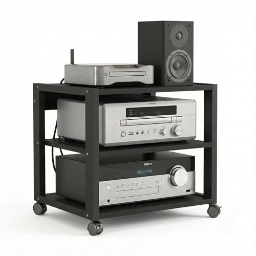 GTYMTTX Meuble Imprimante à roulettes, Support HiFi pour Ampli et Vinyles, Caisson de Bureau Ouvert, Table Basse Industrielle avec Tablette Centrale Ajustable, 50x40x48,5cm, Noir