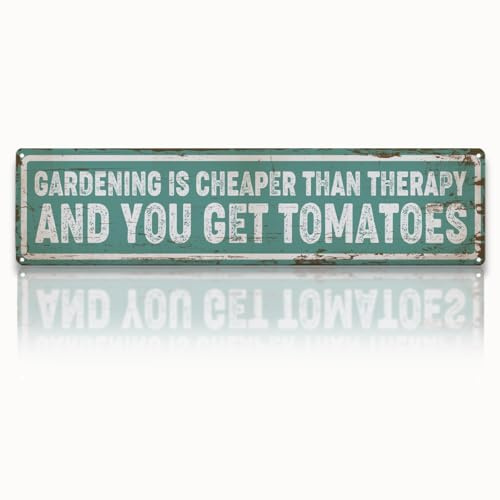 Garden Metal Tin Sign, Funny Garden Decor, Vintage Farmhouse Wall Art, Gardening Is Cheaper Than Therapy Sign, for Yard Fence Door Porch, Indoor Outdoor Gardens Decoration, 15.7 x 3.9 Inches