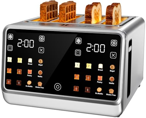 4 Slice Toaster Wide Slot– Dual Digital TouchScreen & Independent Control Panel | Single-Slot Tech Timer/Reheat/Defrost for Bagels Bread | 1800W Stainless Steel 6 Toast Types & Shade Settings