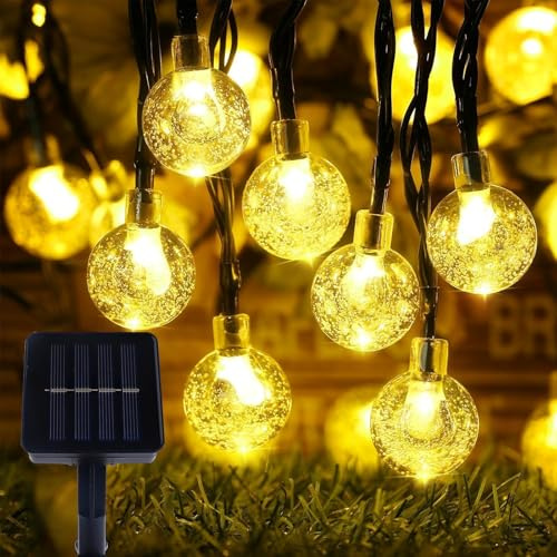 ENLACE Solar Lichterkette Aussen, 6,5M 30 LED Kristallkugeln Lichterkette Wasserdicht, 2,4 cm Kristall Kugeln, 8 Modi Solarlichterkette für Hochzeit, Garten, Balkon, Terrassen, Party Deko, Warmweiß