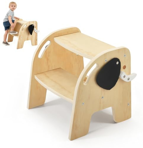 Eirolace 2 Stufen aus Holz Hocker für Kinder, Kinder Tritthocker mit Rutschfester Fußstütze und Oberfläche, Kinderschemel, robuster und langlebiger Baby Trittschemel für Badezimmer, Küche