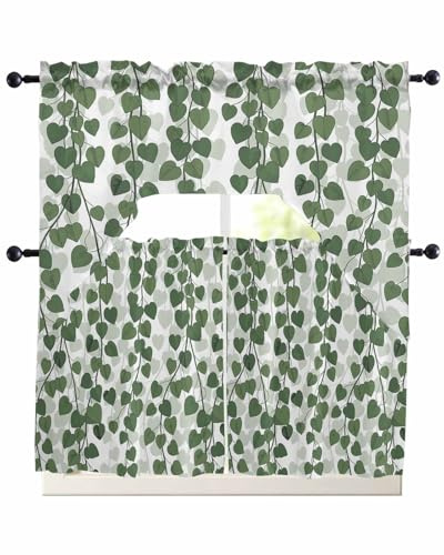 Savannan Kitchen Curtains Tiers and Swag Valances Set, Spring Plants Ivy Rod Pocket Short Window Curtains for Bedroom Bathroom Cafe, 3 Pieces 36 Inch Long Green Heartleaf Philodendron