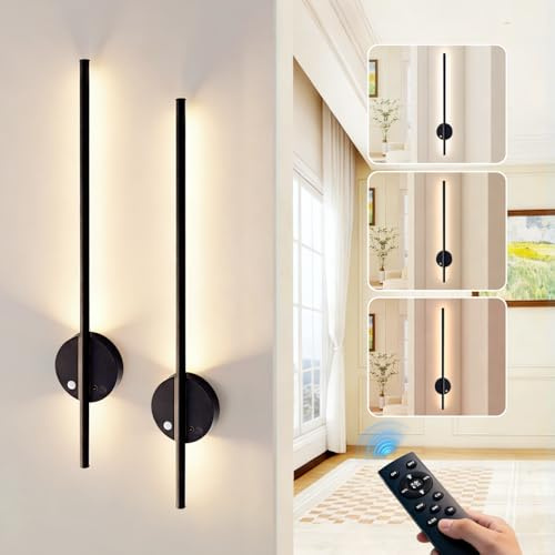 IMIGY Akku Wandleuchte Innen 60CM 2er-Pack Schwarz, Kabellose LED Wandlampe mit Bewegungs-&Dämmerungssensor, Fernbedienung, Dimmbar 3 Farbtemp., Timer für Flur Treppenhaus Wohnzimmer