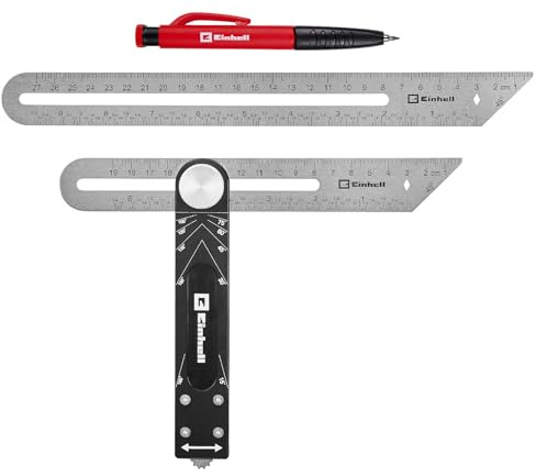 Einhell 2-tlg. Winkelschmiegen-Set | Stufenlos einstellbar | Winkel 22,5°–90° | mm-/inch-Skala | Edelstahl-Lineale 190/270 mm | Tieflochmarkierstift