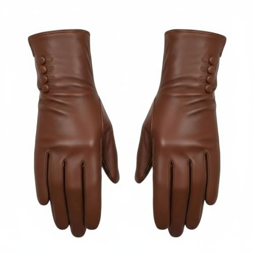 Damen Premium Qualität Original Superweich Leder Handschuhe Kunstpelz Futter Winter Alltag Warm - Hellbraun, L