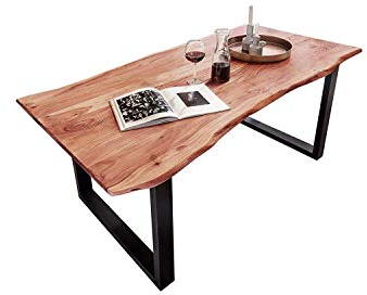 SAM Baumkantentisch Quarto, Akazien-Holz massiv, naturfarben, Esszimmertisch mit schwarzen Metallbeinen, 140 x 80 cm