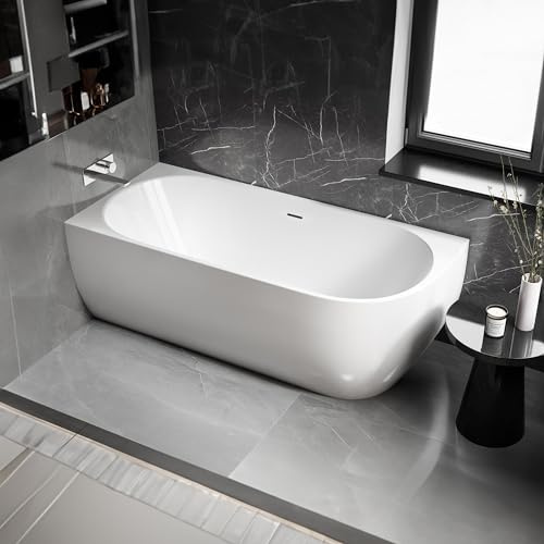 BERNSTEIN - Baignoire d'angle semi-îlot Blanc brillant design Acrylique + Bonde et trop plein, 230L, Montage à gauche - 170x75x60cm (lxLxH) - LENA CORNER