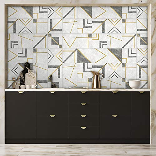 Lot de 10 autocollants de 15 x 15 cm imitation carreaux de ciment à poser au mur. Crédence, décoration d’intérieur, pour salon, cuisine, salle de bains, gris doré blanc (golden grey white)