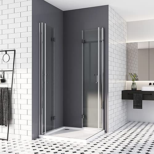 Duschkabine 75x90, Eckeinstieg Klappbar Duschabtrennung Mit Beidseitiger 6mm Nano-Beschichtung ESG Glas Dusche Falttür 195cm