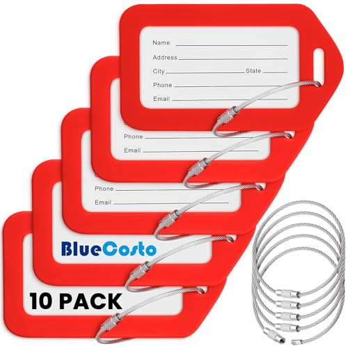Etiquetas de Equipaje BlueCosto (Grande, Rojo, 10 Uds) - Etiqueta de Maleta de Viaje con Tarjeta de Identificación de Nombre y Cierres de Metal Resistente