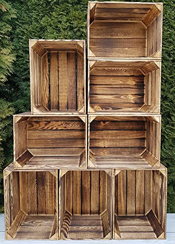 Générique Caisses en Bois Massif pour Rangement et Déco – Lot de 2 à 12 – 40x30x25 cm – Effet Brûlé Unique – Empilables – Style Vintage, Rustique, Industriel (Effet brûlé, 8)