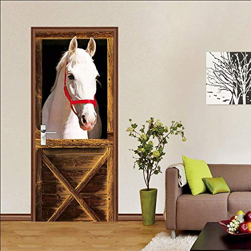 3D Türtapete Selbstklebend Türposter Türbild - Holztür Weißes Pferd - Türfolie Fototapete PREMIUM PVC Wasserfest Türaufkleber Wandtattoo Für Schlafzimmer Wohnzimmer Tür Dekoration Stickers 88x200 cm