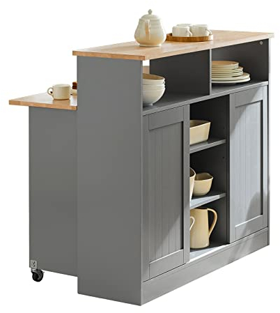 SoBuy FSB36-HG Sideboard mit Schiebetüren Kücheninsel mit erweiterbarer Arbeitsfläche Küchenschrank Highborad Kommode Schrank hellgrau BHT ca: 110x97x68cm