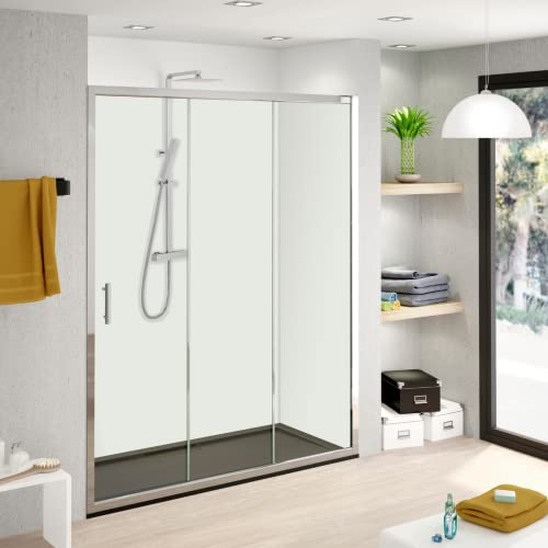 Mampara de Ducha FRONTAL Corredera 3 Hojas Monza– 1 Fijo y 2 Puertas Correderas Transparente – Altura 1,90 Metros y Cristal Templado 5mm Espesor 110 cm (Adaptable de 106 a 110cm)