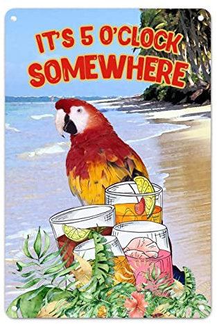 Plaque en métal colorée sur le thème de l'été, motif palmier, perroquet, plage, cocotier, perroquet, fruits, boissons, décoration en aluminium, décoration rétro, pour bar, jardin, café, boutique, 30,5