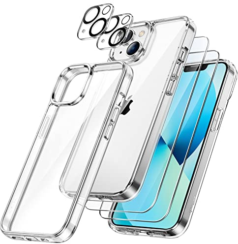 JETech 5 en 1 Coque pour iPhone 13 6,1 Pouces avec 2 Protection D'écran et Protecteur de Caméra, Housse Anti-Jaunissement et Film en Verre Trempé à Couverture Complète (Transparente)