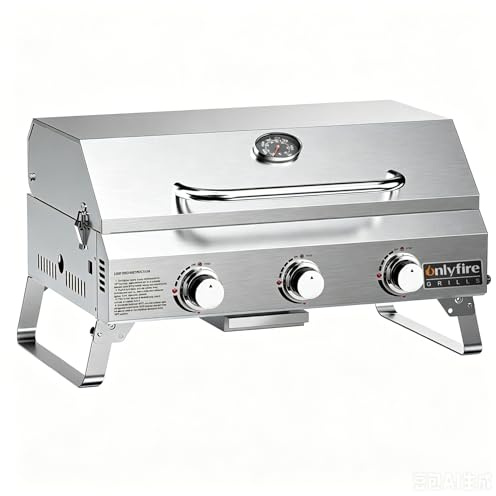 ONLYFIRE GRILLS GS307 GS307 - 3 bruciatori a gas da tavolo, 61 cm, in acciaio inox, portatile, con gambe pieghevoli, per esterni, patio, cortile, campeggio, tailgating, camper, resistente e 24000 BTU,