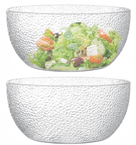 Qxbekmor 130 oz Acrylic Salad Bowls, 9.5 Serving Bowls for Fruits, Popcorn, Chips, Dips, Condiments, Break-Resistant Set of 2, Clear Circular